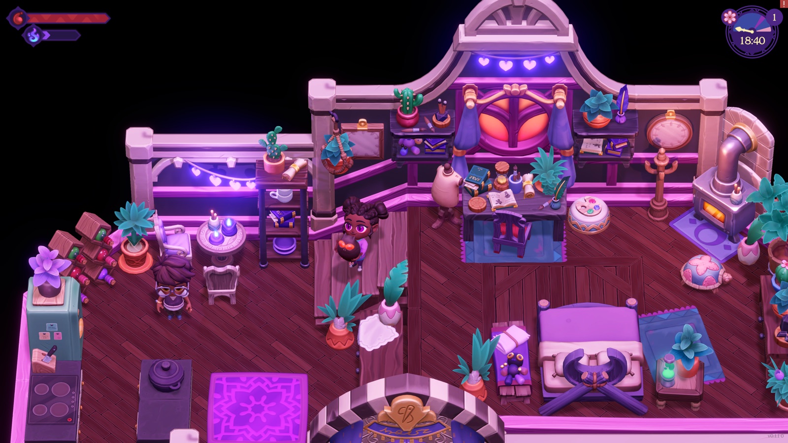 Characters inside a furnished Moonlight Peaks home.