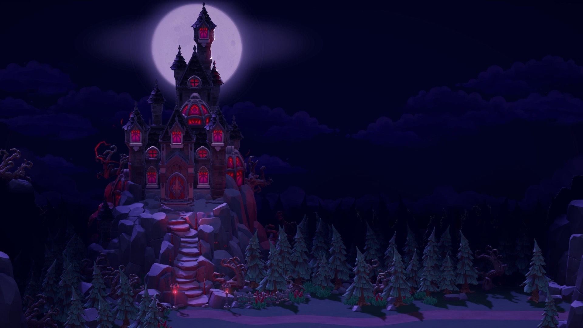 Dracula's castle beneath a full moon in Moonlight Peaks.